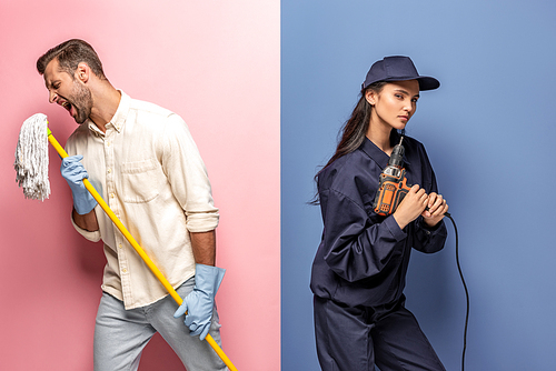 man in rubber gloves singing with mop and woman in construction worker uniform with drill on blue and pink