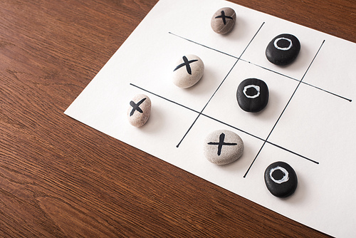 tic tac toe game on white paper with pebbles marked with naughts and crosses on wooden surface