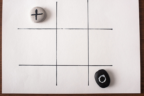 top view of tic tac toe game with stones marked with naught and cross on white surface