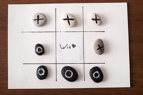 top view of tic tac toe game on white paper with pebbles marked with naught and cross, and win inscription on wooden surface