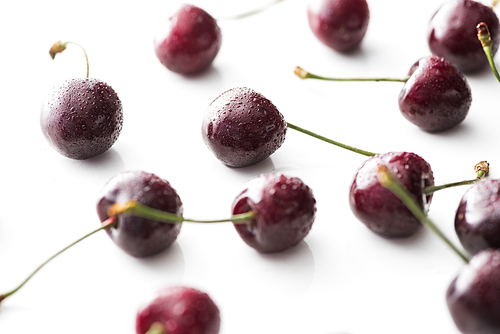 selective focus of fresh, whole and ripe cherries covered with water drops on white background