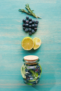 top view of detox drink in jar with lemons, rosemary and blueberries