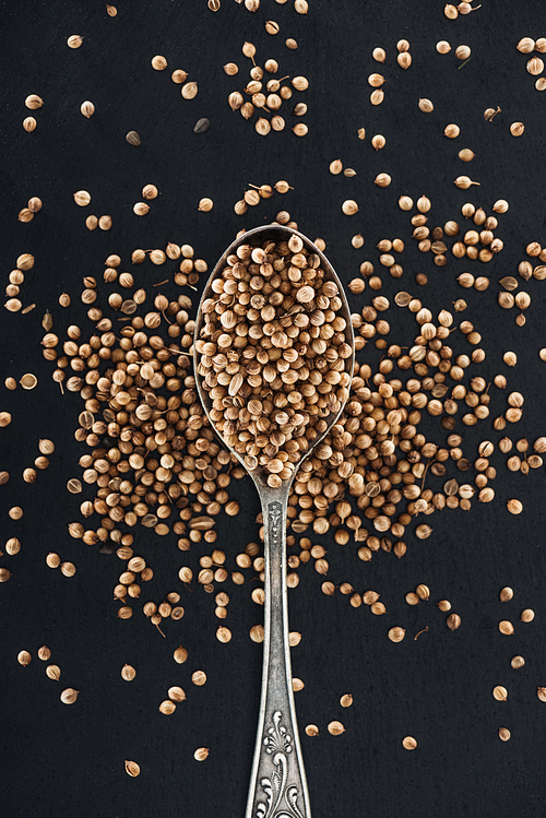 top view of Coriander in silver spoon on black background