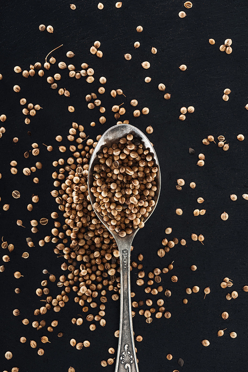 top view of Coriander in silver spoon on black background
