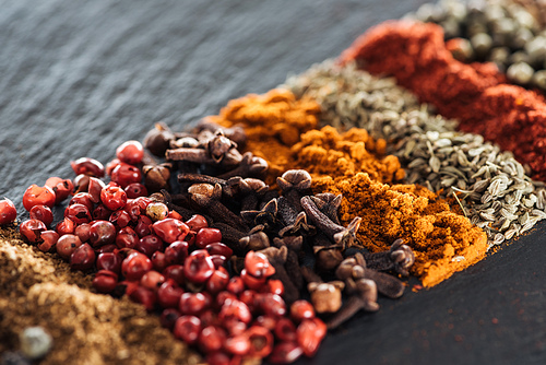 close up view of traditional bright and aromatic indian spices