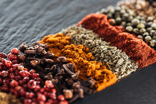 close up view of traditional bright indian spices