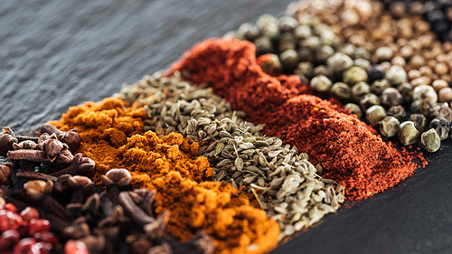 close up view of traditional bright indian spices in row