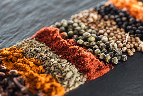 close up view of traditional colorful and aromatic indian spices