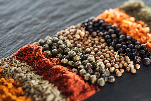 close up view of traditional indian spices in row