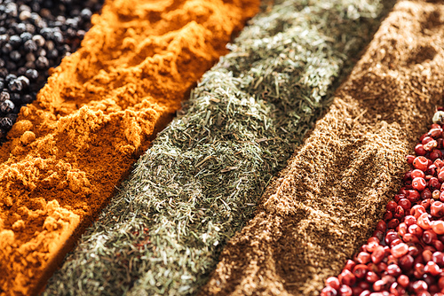 close up view of bright indian spices in rows