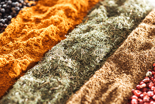 close up view of traditional bright indian spices in rows
