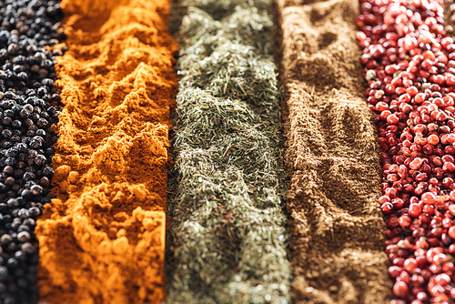 close up view of various aromatic traditional indian spices in rows