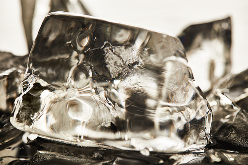 close up view of transparent melting ice cubes with drops