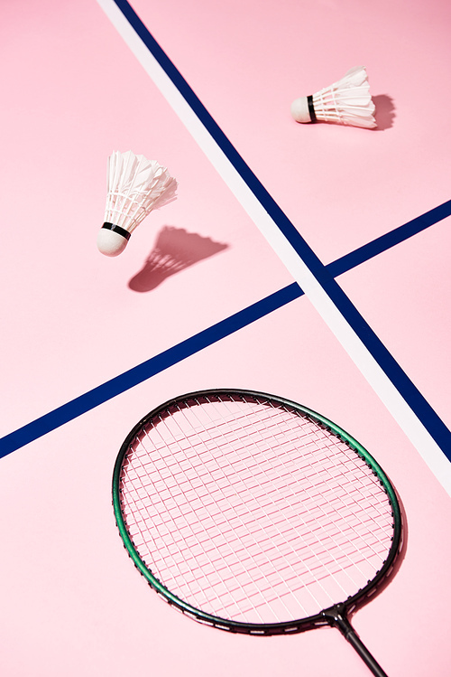 Badminton shuttlecocks and racket on pink background with blue lines