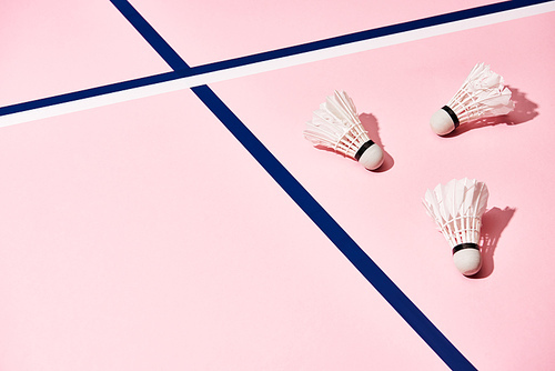 Badminton shuttlecocks with shadow on pink surface with blue and white lines