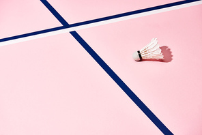 Shuttlecock for badminton on pink surface with blue and white lines