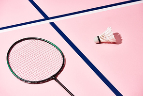 Badminton racket and shuttlecock on pink background with blue lines