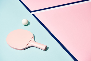 Tennis racket and ball on pastel background with blue lines