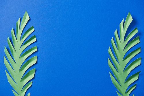 top view of green paper cut leaves on blue background with copy space