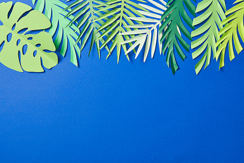 top view of green paper cut exotic leaves on blue background with copy space