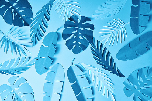 pattern of blue minimalistic paper cut palm leaves on blue background