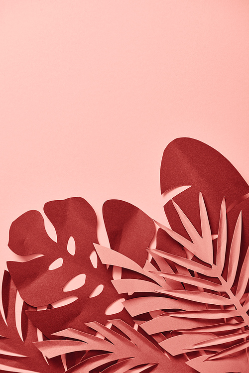 top view of paper cut burgundy palm leaves on pink background