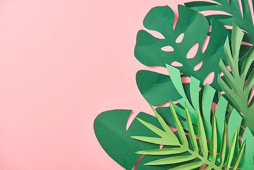 top view of green palm leaves on pink background with copy space