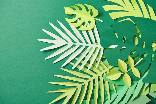 top view of tropical paper cut palm leaves on green background with copy space