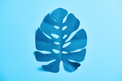 top view of blue exotic paper cut palm leaf on blue background with copy space