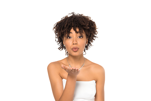 african american bride with duck face sending air kiss isolated on white