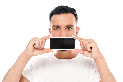 man  and covering mouth with smartphone isolated on white