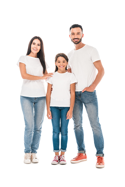 happy family standing together isolated on white