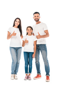 happy family smiling while showing thumbs up isolated on white