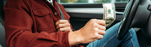 Cropped view of taxi driver holding dollar banknote, panoramic shot