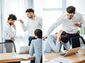 Collage of businessman pointing at african american man and quarreling on mexican colleague in office