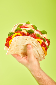 partial view of man holding fresh sandwich with salami, pita, vegetables and cheese isolated on green