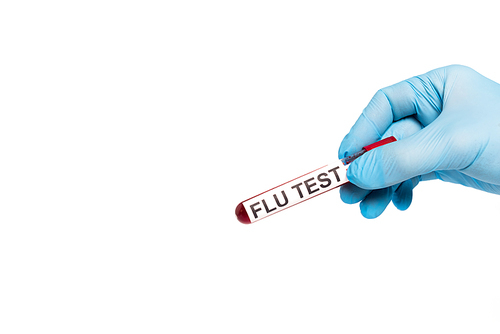 cropped view of scientist holding test tube with flu test lettering isolated on white