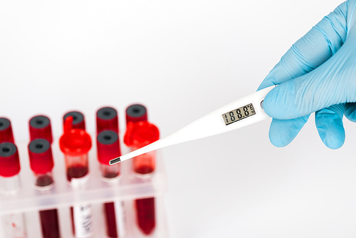cropped view of scientist holding digital thermometer near test tubes isolated on white