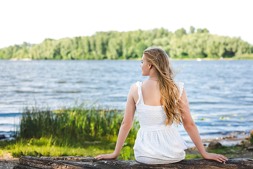 back view of girl sitting on trunk of tree near river shore and looking away