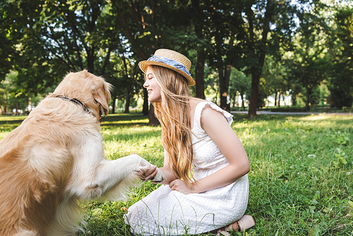 full length view of beautiful girl in white dress and straw hat holding paw of golden retriever while sitting on meadow and looking at dog