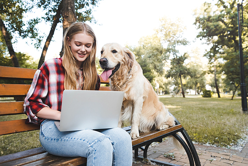 beautiful girl in casual clothes sitting on wooden bench in park and using laptop while golden retriever sitting near woman