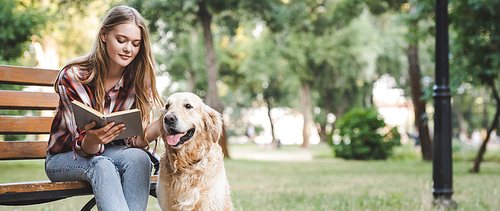 panoramic shot of beautiful girl in casual clothes reading book and petting golden retriever while sitting on wooden bench