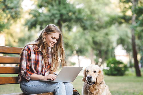 beautiful girl in casual clothes using laptop while sitting on wooden bench in park near golden retriever