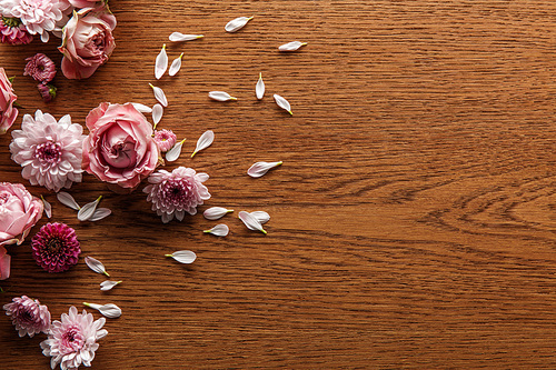 top view of blooming pink spring flowers and petals on wooden background