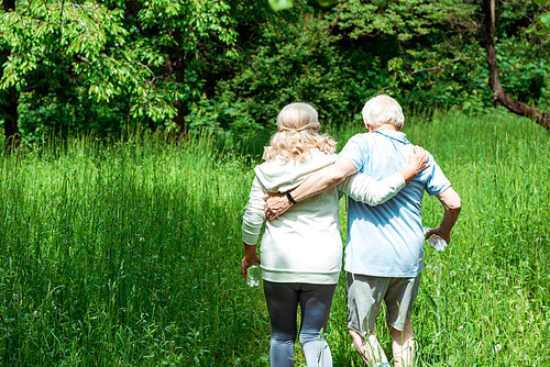 back view of pensioners in sportswear walking in park