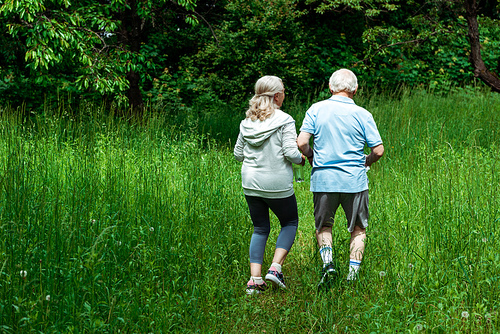 back view of pensioners in sportswear running in park