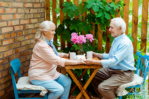 happy senior man holding hands with happy retired wife