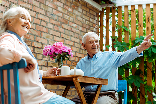 low angle view of happy senior man pointing with finger near cheerful wife