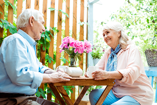 low angle view of happy senior man looking at cheerful wife near pink flowers