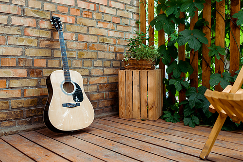 selective focus of acoustic guitar near brick wall and wooden fence with green leaves